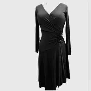 Nougat evening dress, faux wrap, sequins, asymmetrical hem, black jersey, XS